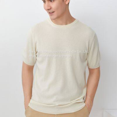 Men′s Crew Neck Short Sleeve Silk Cashmere Knitted T Shirt Pullover Sweater for Autumn photo-3