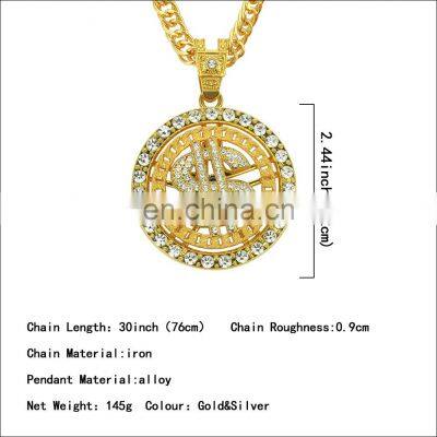 Hip Hop Men Gold Silver Color Necklace Ice Out Crystal Miami Rotatable Dollar Sign Rock Pendant Bling Rapper Jewelry For Men photo-3