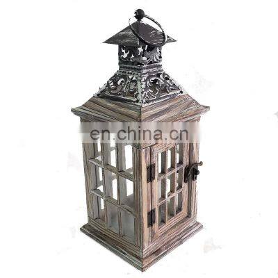 Chinese wholesale home decor distressed white vintage wood led candle lantern with metal top