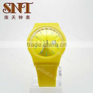 SNT-SI051Fcheap custom logo silicon plastic watch, unisex,customize color, PVC case,19mm wide bracelet,yellow band watch