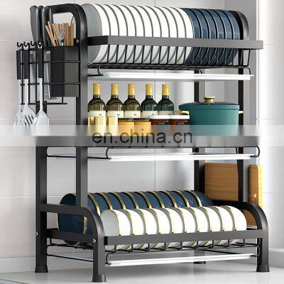 In Stock Shopee Hot Sale Kitchen Rack Bowl Plate Knife Rack Draining Storage Box Black Stainless Steel Dish Drying Rack