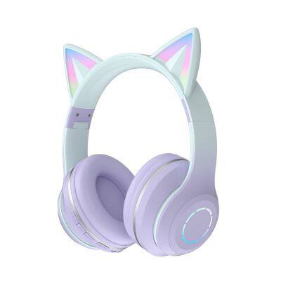 Gradient Wireless Game Headphones Cute Cat Ear Headphone RGB Light Gaming Headset