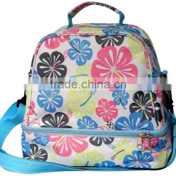 Printed backpack style cooler bag with bottom compartment