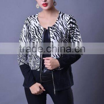 Black stripe print with sequin women crew neck long sleeve knitted leather placket zipper cardigan sweater