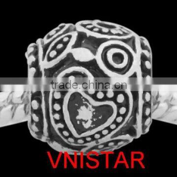 Vnisatr antique silver&silver plated large hole barrel shaped bead, heart pattern carved large hole bead for bracelet PBD1532