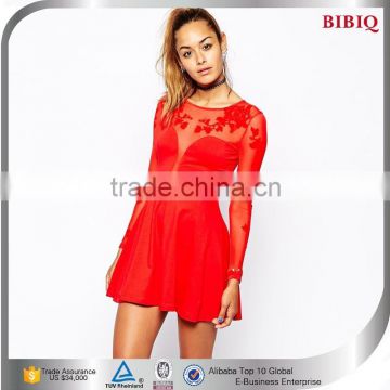 Hot Sale Sexy Red Long Sleeve Nude Lace Cocktail Dress