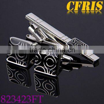 Black Enamel Check Cufflinks and Tie Clip Set