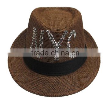 Fashion straw fedora hat with sequins logo for men