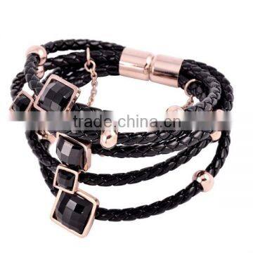 SRB3104 Fashion Jewelry 2015 Rose Gold PVD Coating Beads Bracelet Rhinestone Charms Bangle Stainless Steel Leather Bracelet