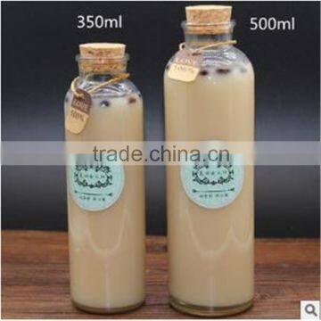 High white material straight body shape 350ml/500ml glass water bottle with cork lid