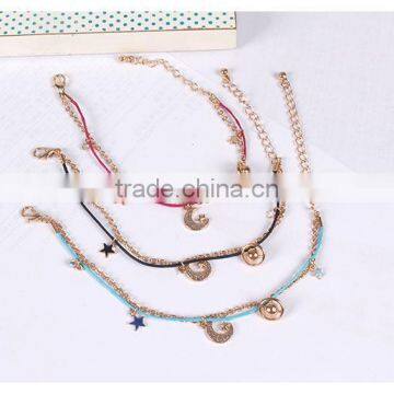 Star Moon Planet Tiny Rhinestone Charms Bracelet Double Layer Cotton Cord Gold Chain Bracelet photo-3