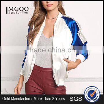 MGOO Fashion Foshan Manufacturer Custom Satin Baseball Jackets For Women White And Blue Block Bomber Jackets