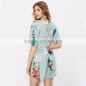 Rayon Floral Print Ladies Romper, Deep V-neck Sexy Half Sleeves Romper photo-2