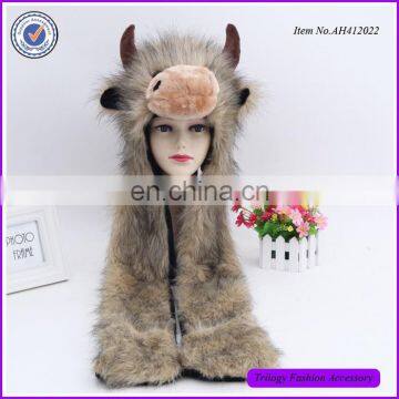 Faux Fur Cute Cow Animal Face hooded Animal Hats With Gloves