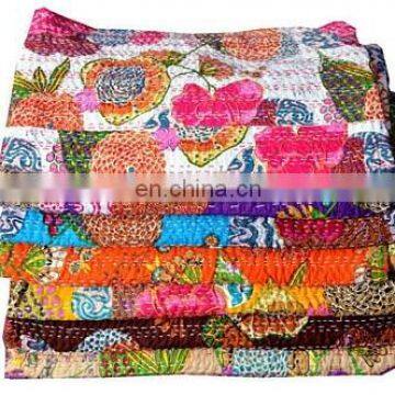 Indian Floral Kantha Quilt Reversible Cotton Bedspread Bedding Handmade Throw