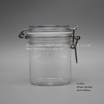 250ml round PET plastic beauty cosmetic empty jar and transparent container with metal clip for 250g face care cream