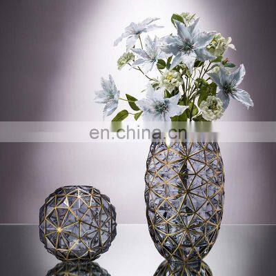Luxury Modern Glass Gold Line Plated Colored Crystal Flower Vase For Home Decoration photo-2