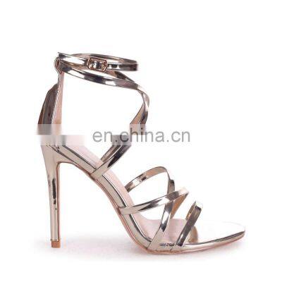 Women attractive golden color design high stiletto heels multi cross strap with ankle strap sandals shoes