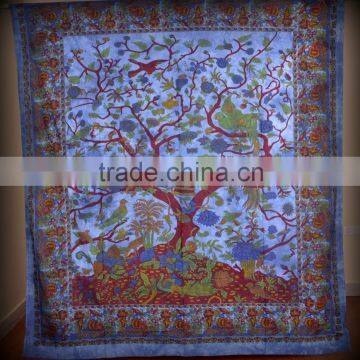 Indian Tapestry Cotton Tree of Life Print Blue Vintage Wall Hanging Tapestries Throw Mandala Print Bedsheet