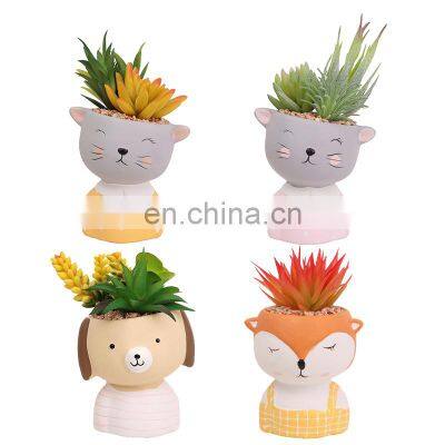 Indoor Garden Home Decor Accessories Mini Cute Cartoon Animal Head Ceramic Pots With Mixed Artificial Succulents