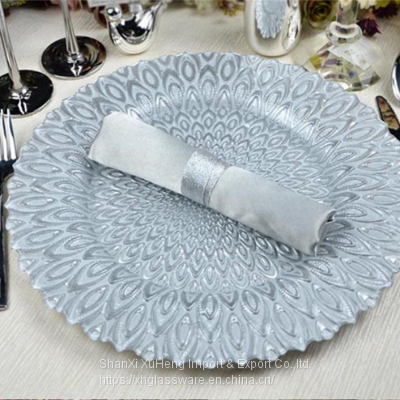 Fancy Glass Silver Peacock Charger Plates Decoration For Wedding