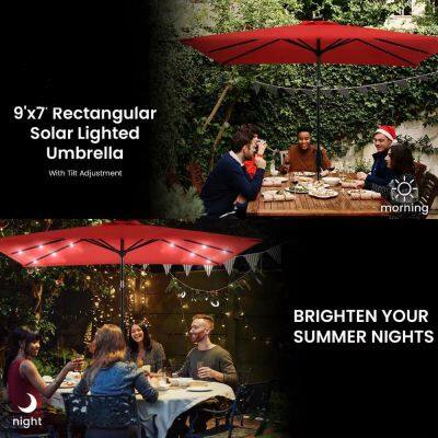 Crank 9FT Solar LED Central Pole Garden Umbrella Eco Polyester Fiberglass Ribs Patio Wholesale photo-4