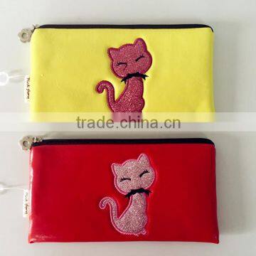 new design square cute cat zippered PU leather pencil case