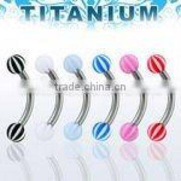 Titanium G23 banana eyebrow ring - 16g, 5/16", with 3mm acrylic UV beach balls