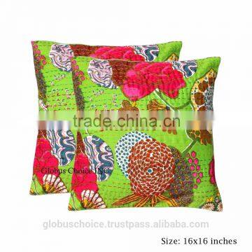 Indian Pillow Case Kantha Multifruit Green Cushion Cover