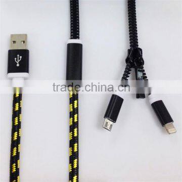 China Factory Supplier Colorful LED Zipper USB Cable 2in1 USB Power and Data Cable Zipper