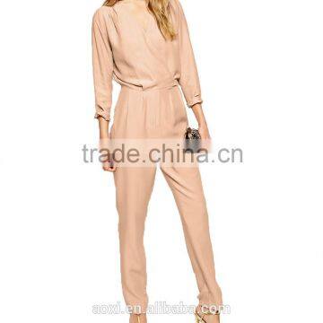 Long Sleeve V-neckline Pink Wrinkled Elastic Elegant Women Long Jumpsuit photo-2