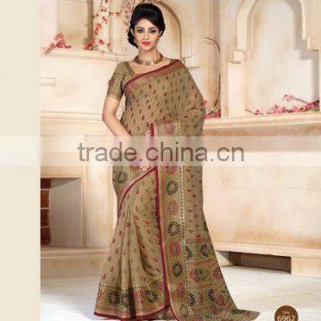 Brown Cotton Silk Flower Print Saree