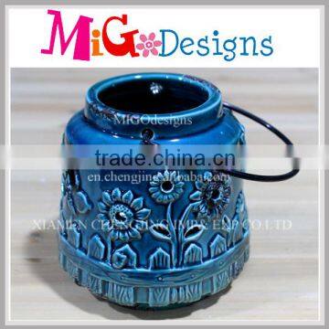 Lantern Pottery Blue Flower Carved Ceramic Garden Collection OEM