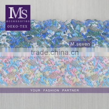 2016 100% polyester elastic lace trim flower pattern in colorful for clothing