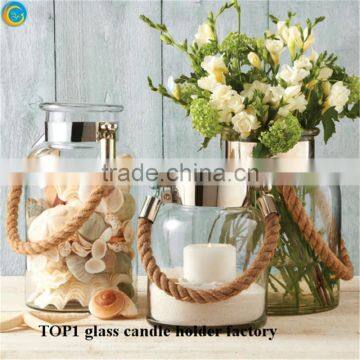 Glass Cylinder Vase Bulk Tall Clear Glass Lantern With Rope Handle photo-2