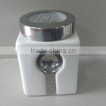 Plain white ceramic square storage jar with spoon & silicone lid