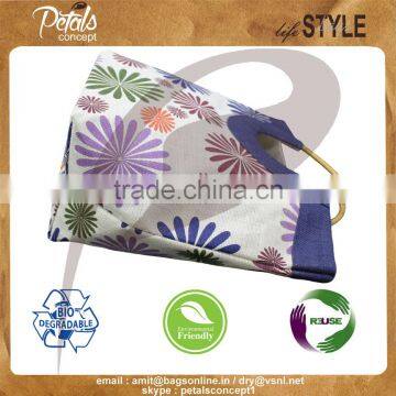 Floral Print Jute Beach Bag With Round Wooden Cane Handle - Tote Bag - Exclusive From India photo-3