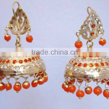 JADAU GOLD PLATED Dangler ORANGE JHUMKA TEMPLE EARRINGS Real Look photo-2