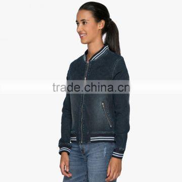 Blue Washed Women Plain Baseball Jacket Outdoor With Zipper Wholesale photo-4