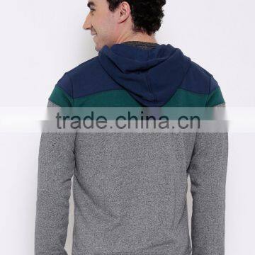 Grey Colourblocked Sweatshirt With Grindle Effect Customizable Full Zip Closure Long Sleeves Sweater Split Kangaroo Pocket