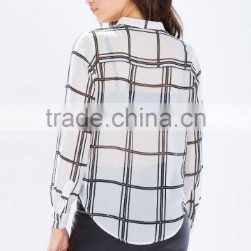 2015 New Design Sheer Chiffon Ladies Blouse Grid Print Blouses Wholesale photo-5