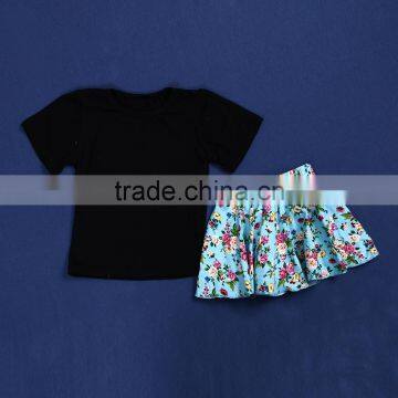 LY-187 spring summer boutique outfit short sleeve black t shirt floral skirt 2pcs set persnickety