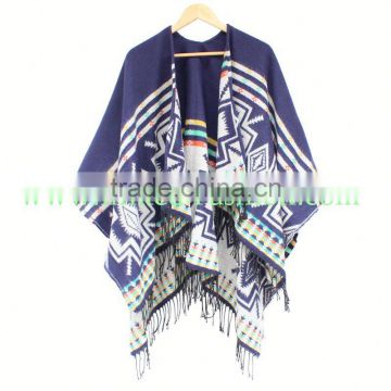 Bohemian fashion women burgundy cashmere tassel poncho shawl