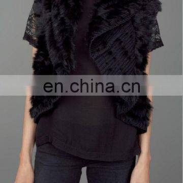 dyed black color rabbit fur knitting vest /with lace around shoulders