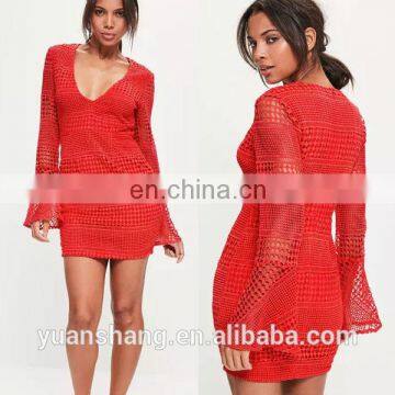 2017 red long sleeve plunge flared sleeve lace bodycon dress