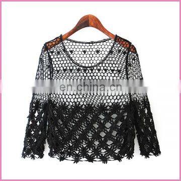 Casual hollow out blouse with long sleeves crochet flower