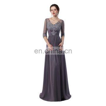 Free Shipping Long Gown 3/4 Long Poet Sleeve V-line Appliqued Floor Length Zipper Chiffon Women Prom Dress