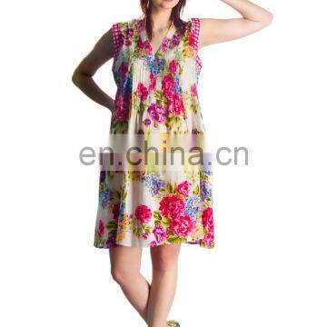 beautiful colorful floral printed cheap dress latest cotton short dress 2017