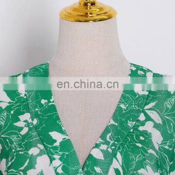 TWOTWINSTYLE Ruched Print Dress For Women V Neck Lantern Sleeve High Waist High Color Elegant photo-3