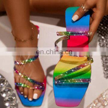 Flip Flop Slippers Rhinestones Sandals Ladies Bling Rainbow Casual Flat Shoes Female Slides Flip Flops Summer Beach Sandalias